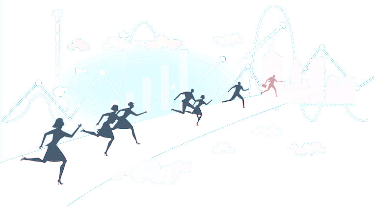 Business people looking forward carrying a large arrow